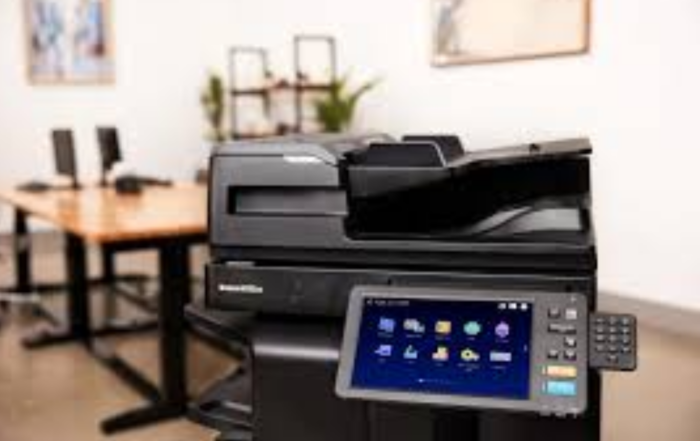 A multifunction printer in a modern office setting, featuring a touchscreen control panel and various functions such as printing, scanning, and copying. This image highlights the versatility and efficiency of a multifunction printer in a business environment.