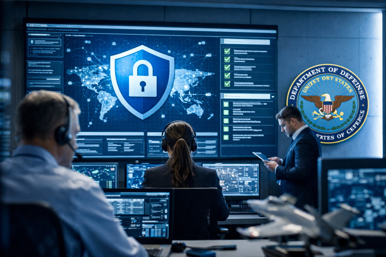 IT professionals monitoring cybersecurity controls and system activity in a security operations center supporting providing CMMC Compliance IT Support.