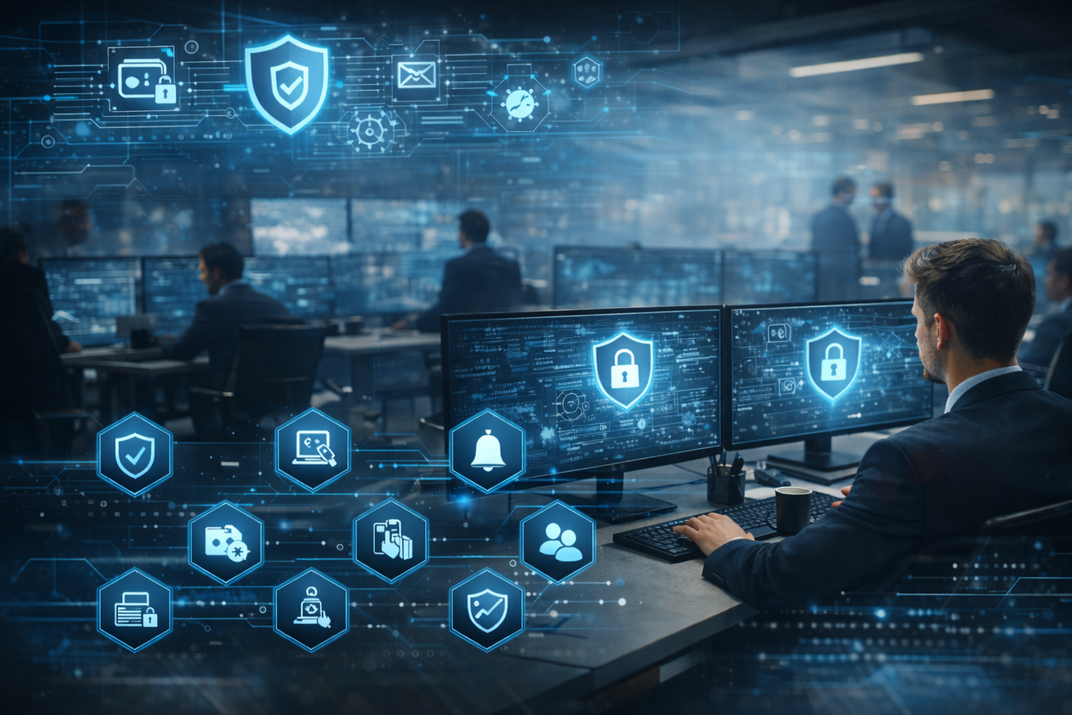 Cybersecurity for SMBs in a modern security operations center with IT professionals monitoring network protection dashboards.