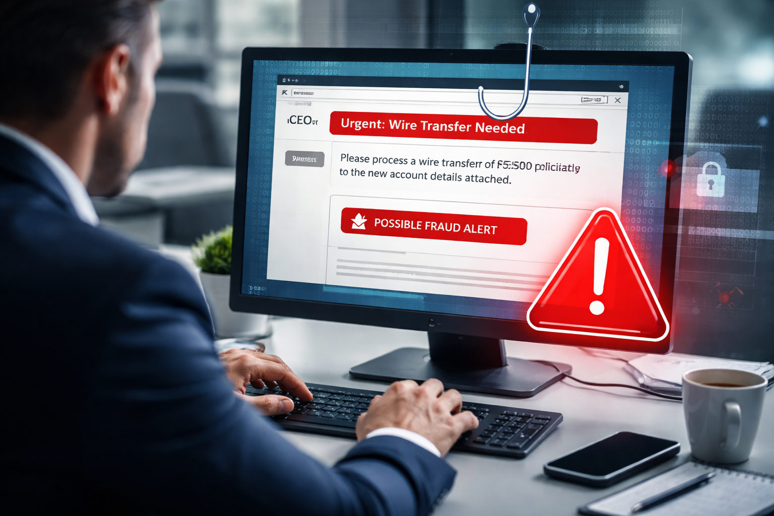 Business professional reviewing a suspicious “urgent wire transfer” email with a fraud warning on-screen, illustrating business email compromise.