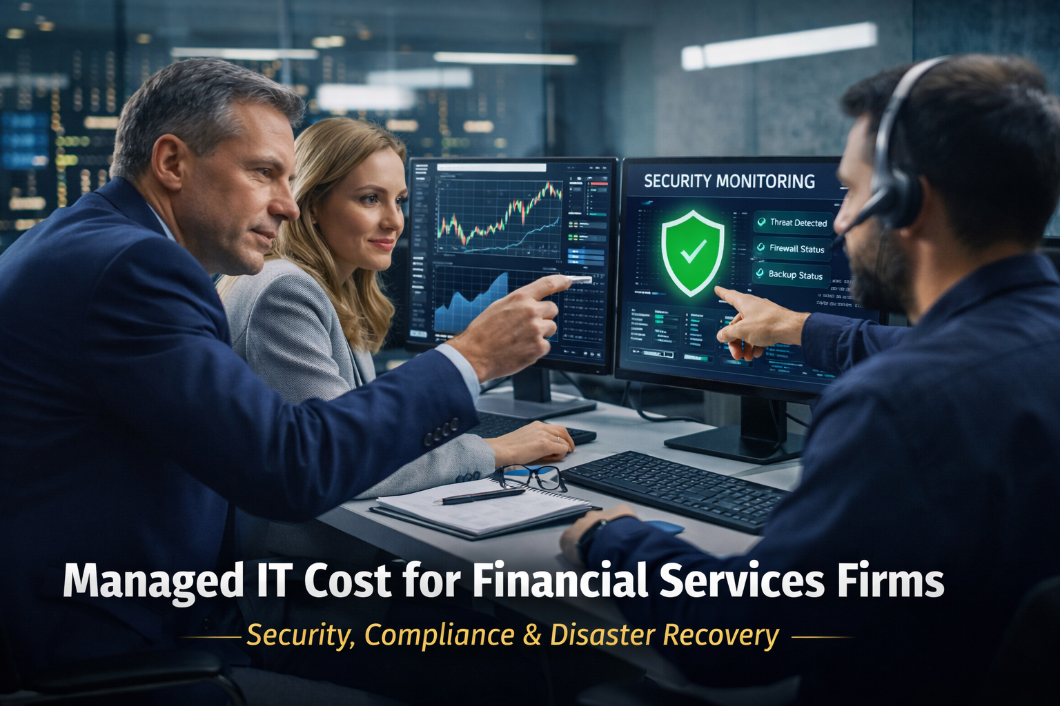 Team reviewing managed IT cost for financial services firm discussing security monitoring and disaster recovery dashboards with an IT support specialist.