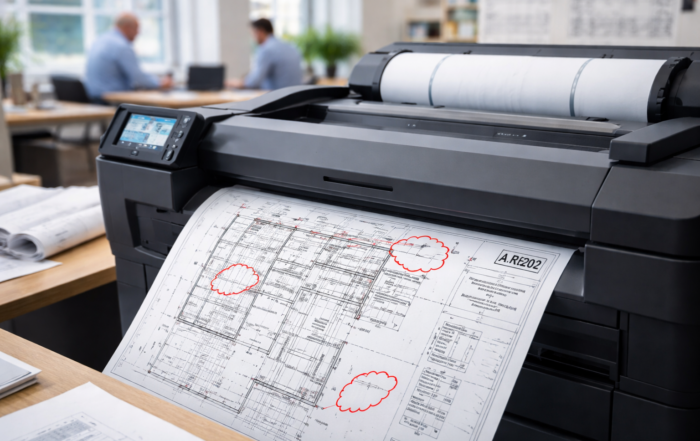 Wide format printer producing revised construction drawings to support construction revision control best practices