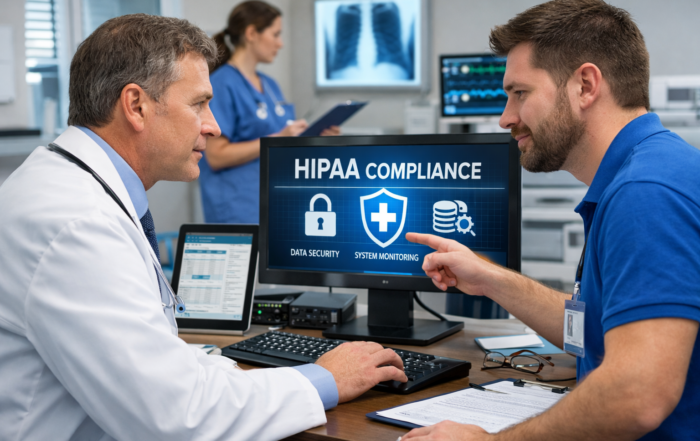 Doctor and IT support professional reviewing HIPAA compliance and cybersecurity systems in a clinic to discuss solution for IT Support for Medical Practices