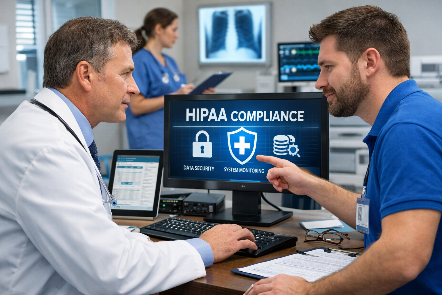 Doctor and IT support professional reviewing HIPAA compliance and cybersecurity systems in a clinic to discuss solution for IT Support for Medical Practices