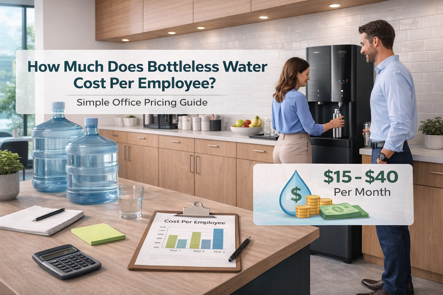 Employees using a bottleless office water cooler in a modern workplace breakroom