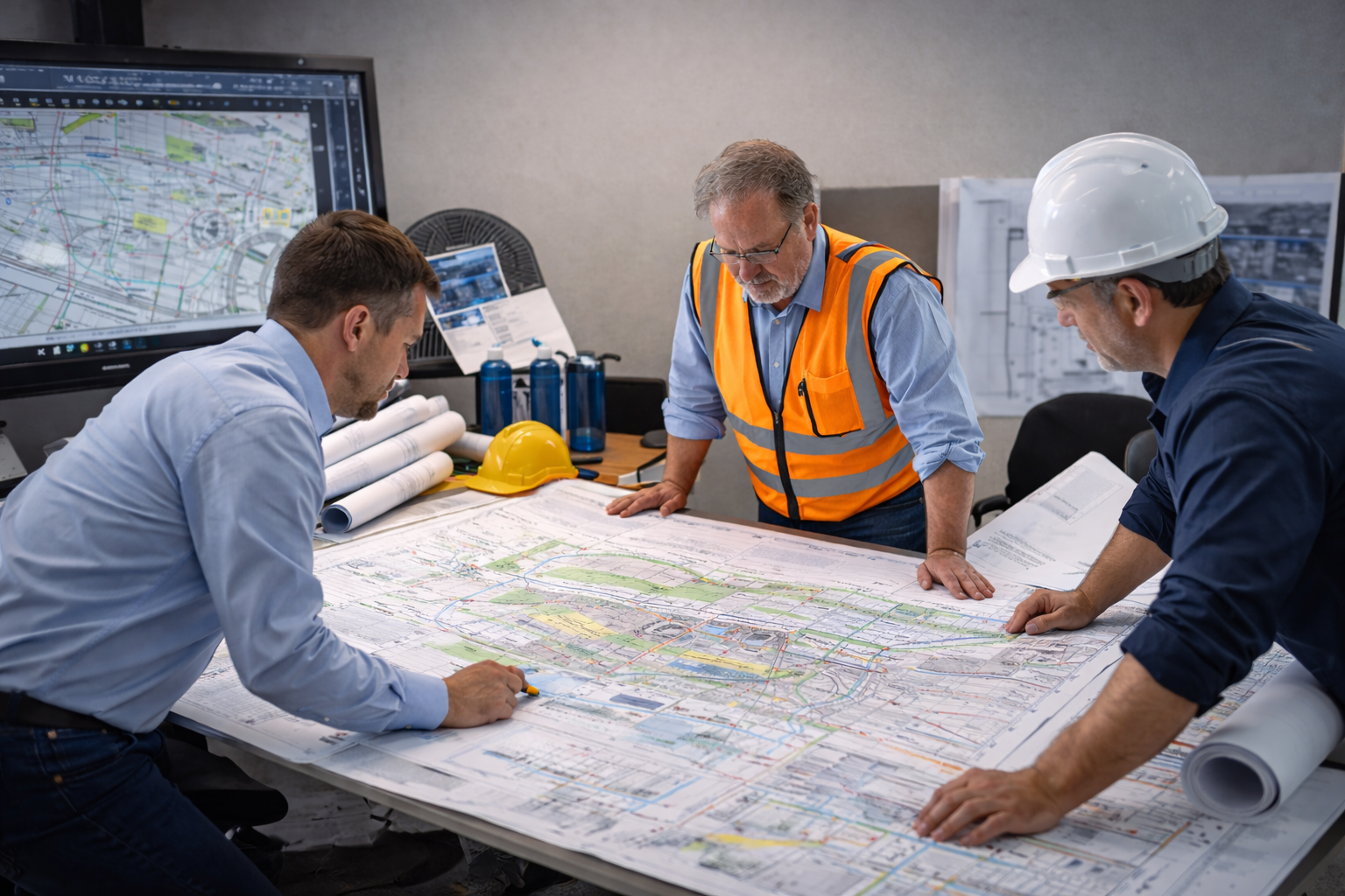 Wide format printing for civil engineering workflows with a civil engineering team reviewing large site plans, utility drawings, and grading documents on a conference table.