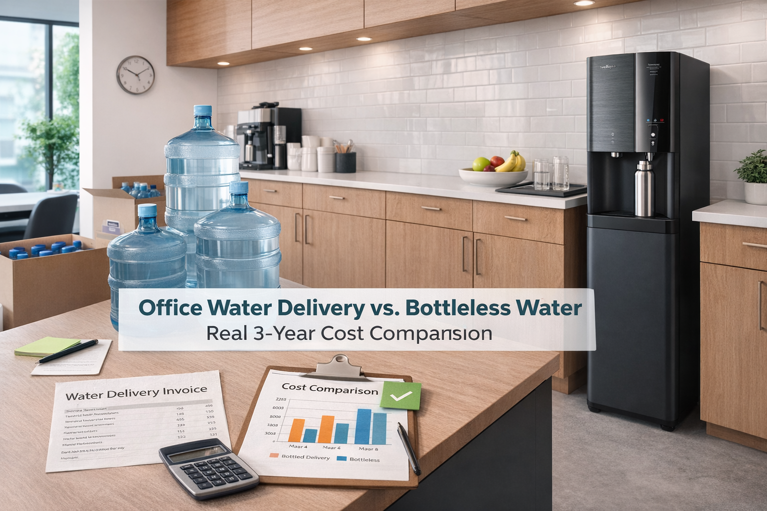 Office water delivery vs bottleless water comparison in a modern office breakroom featuring a clean bottleless water cooler, reusable bottles, and a professional workplace setting.