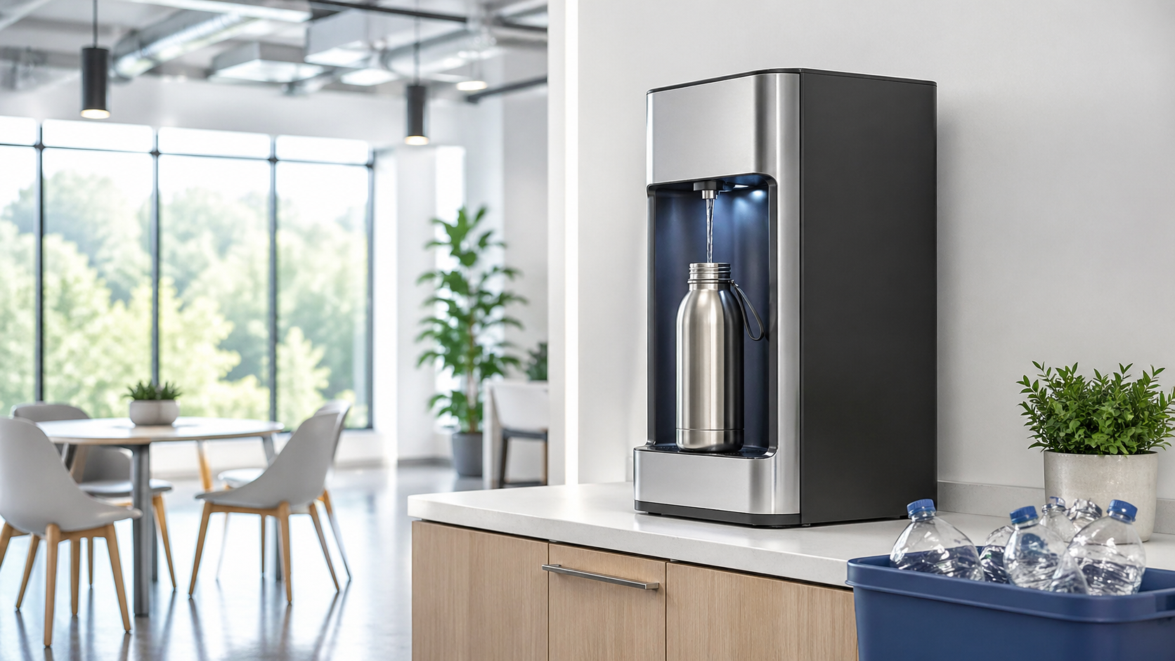 Employees using bottleless office water dispenser in a modern breakroom