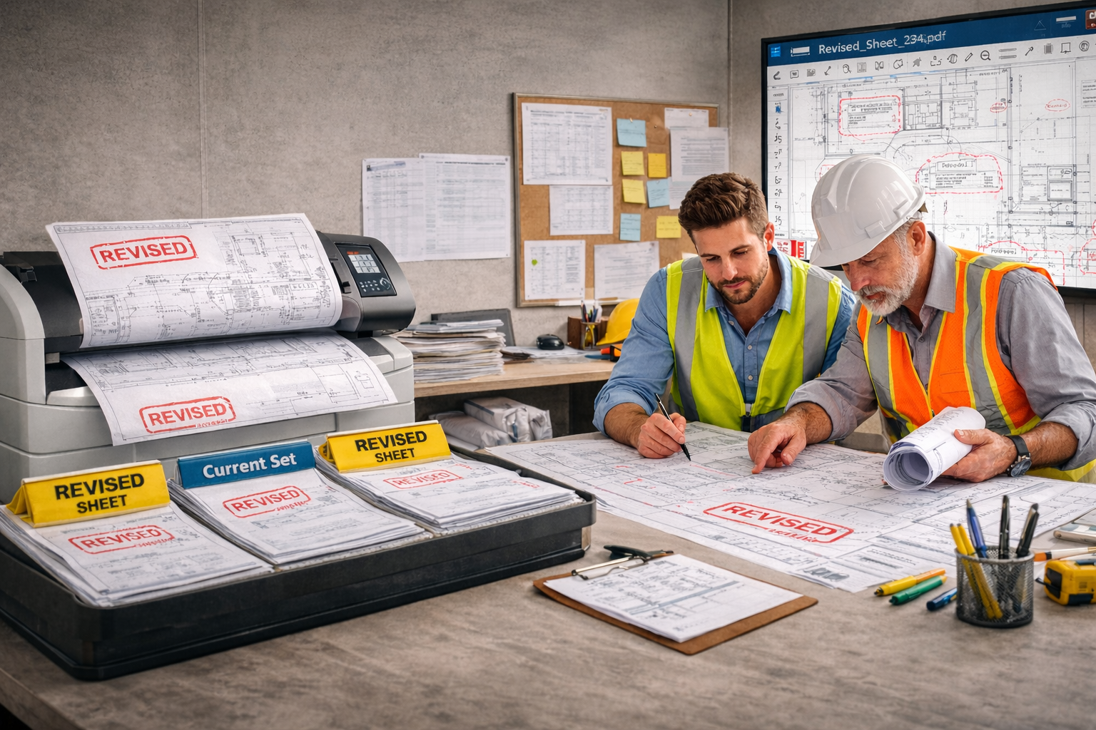 Wide format printing reducing construction risk with revised drawing control