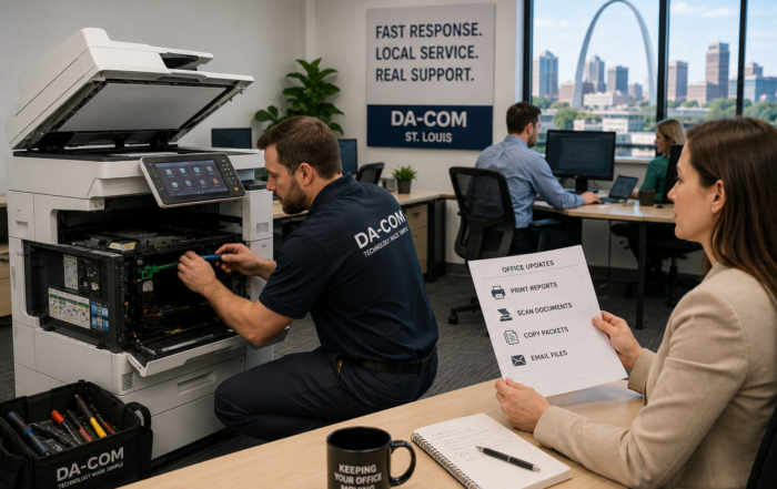 Da-Com copier technician providing fast copier repair service for a St. Louis business to minimize downtime and keep employees productive
