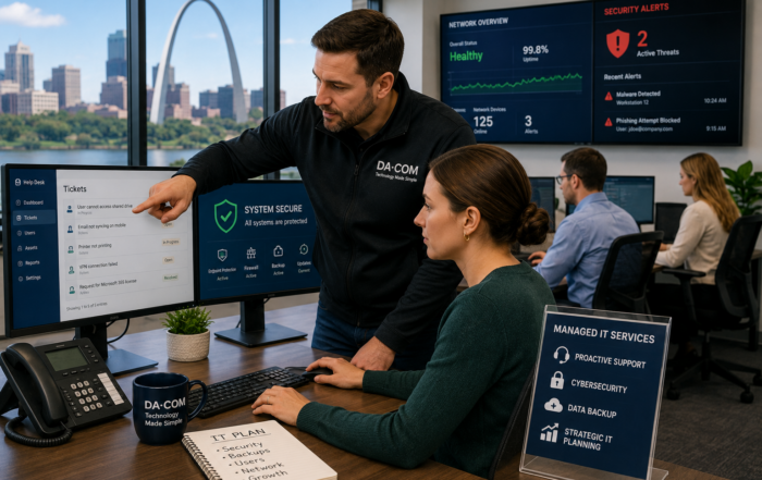 Managed IT services St. Louis technician helping an employee with cybersecurity monitoring, help desk support, and network performance in a modern office