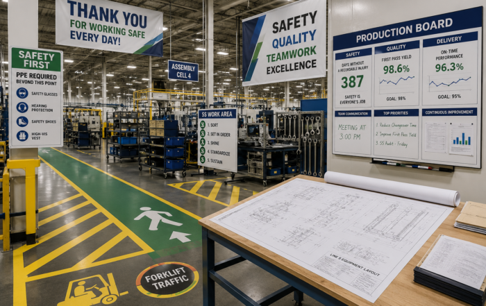 Wide format printing for manufacturers shown through floor graphics, workflow boards, CAD drawings, and safety signage