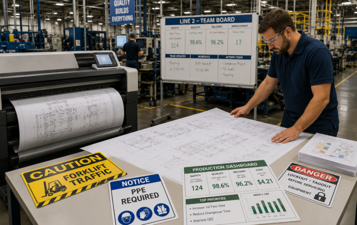 In-house wide format printing helping manufacturing teams reduce downtime through fast access to engineering drawings and facility graphics