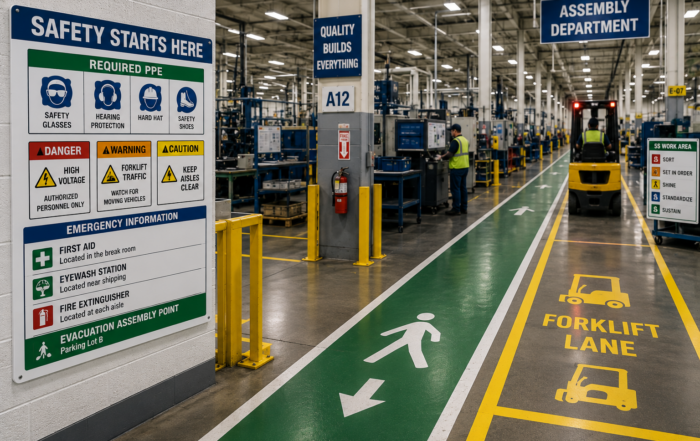Wide format printers for safety signage used to create facility labels, floor graphics, and compliance visuals in a manufacturing plant