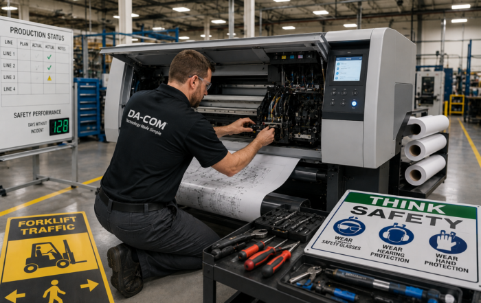 Wide format printer service and maintenance technician supporting a manufacturing facility