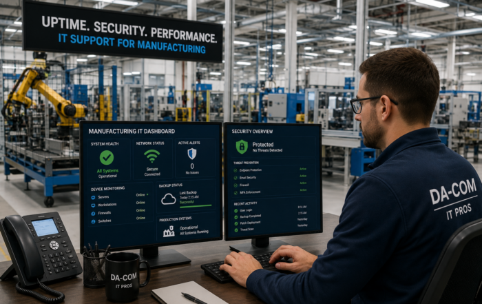 IT support for manufacturing technician monitoring production systems, cybersecurity alerts, and connected equipment