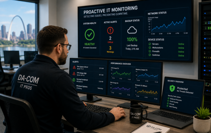 Proactive IT monitoring dashboard showing system health, cybersecurity alerts, backup status, and network performance