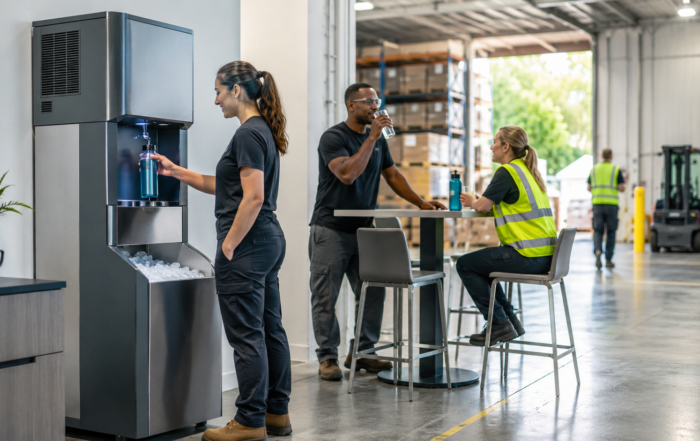 Warehouse water station with purified water and ice for manufacturing teams during summer heat