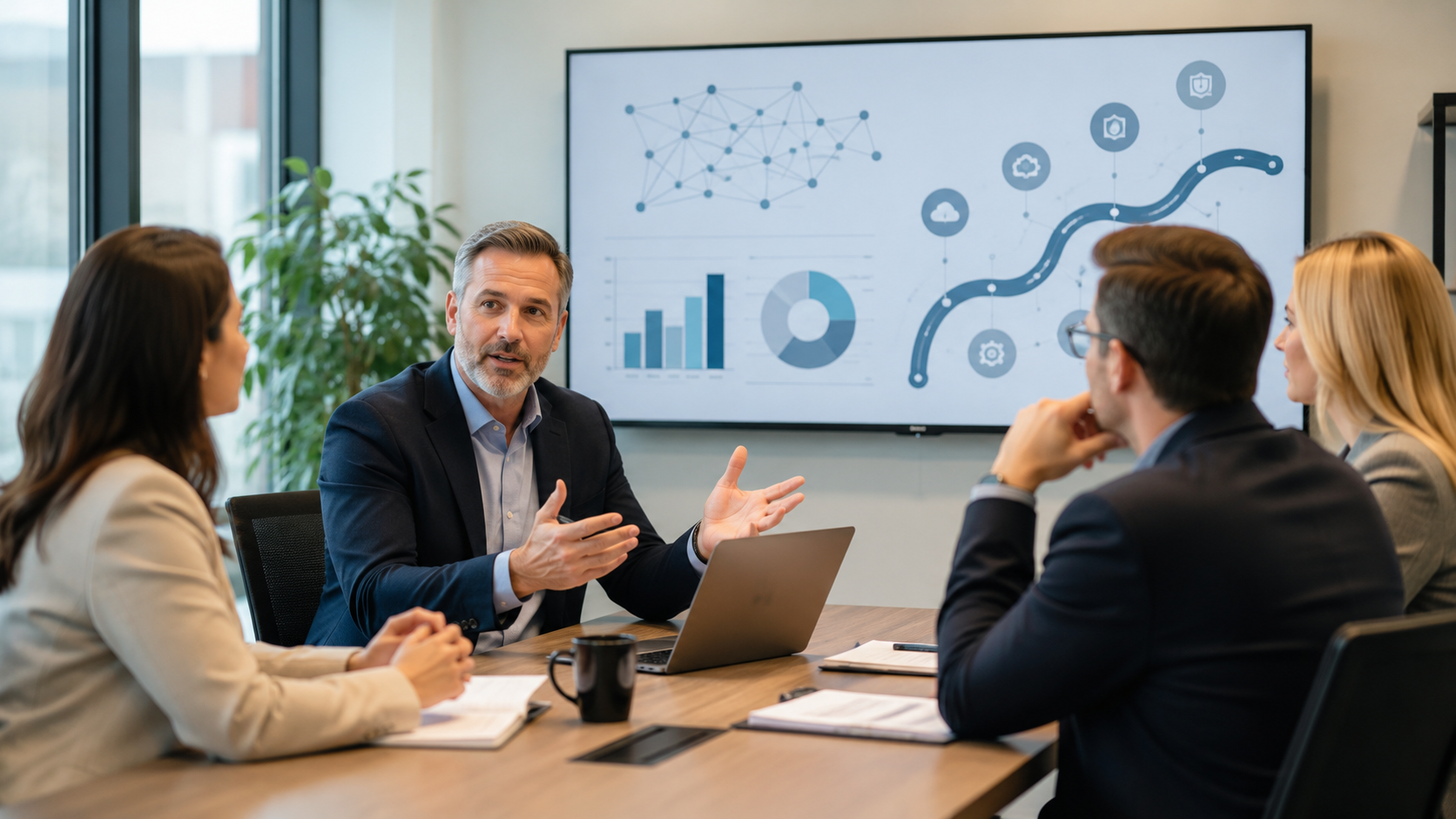 vCIO reviewing an IT strategy roadmap and cybersecurity plan with a business leadership team