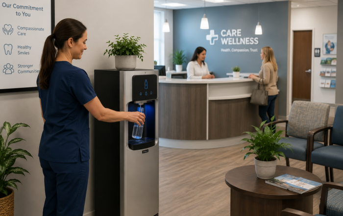 Bottleless water for healthcare offices with a purified water dispenser in a modern medical waiting area