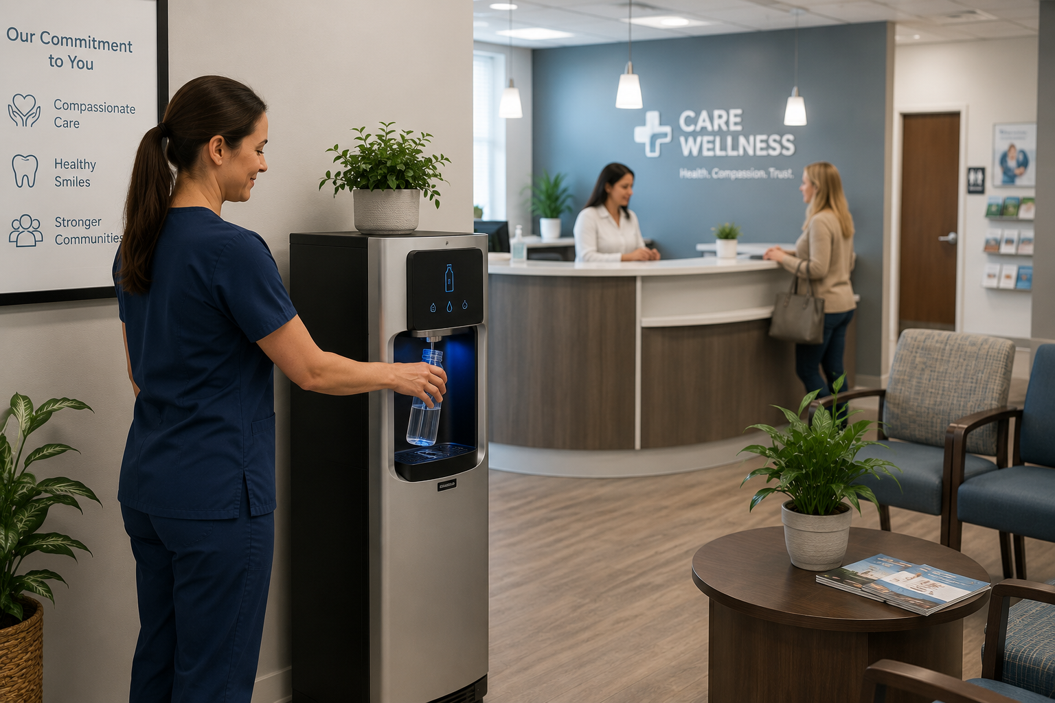 Bottleless water for healthcare offices with a purified water dispenser in a modern medical waiting area