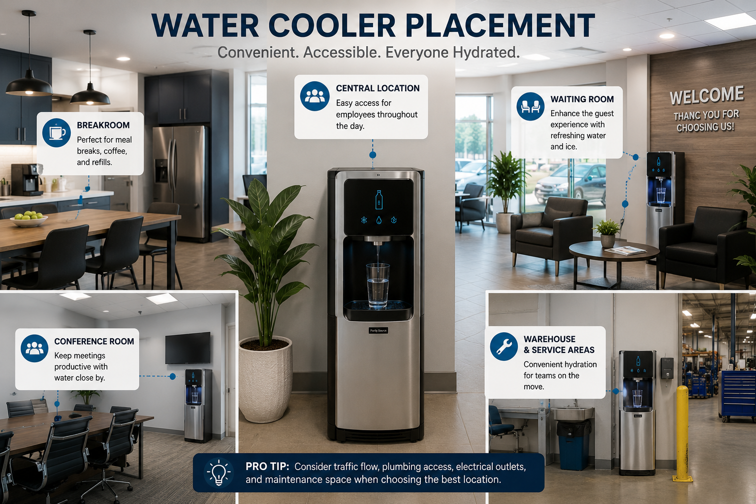 Water cooler placement in a modern office with a purified water station near a convenient employee breakroom