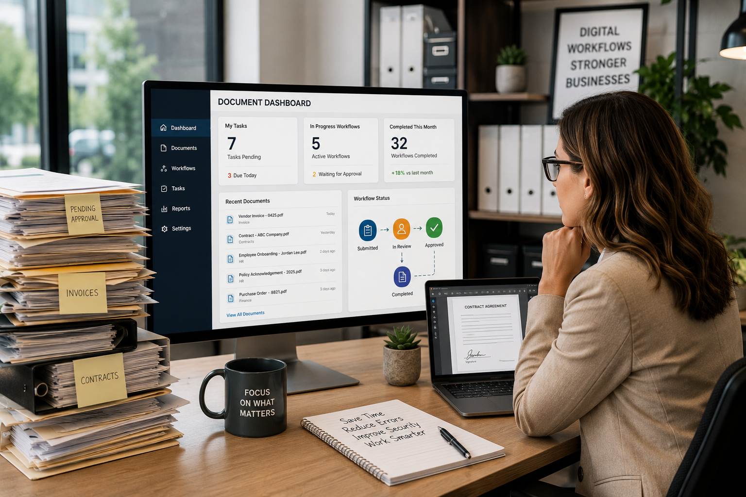 Document management services helping a busy office organize digital files and automate paperwork workflows