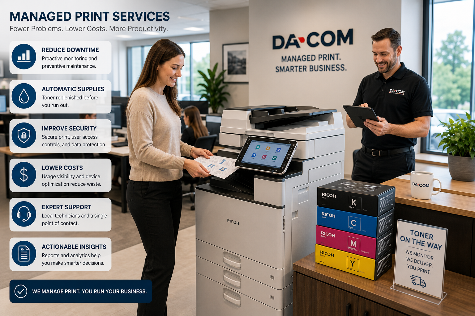 Business printer management support with a technician helping a local office reduce printer problems