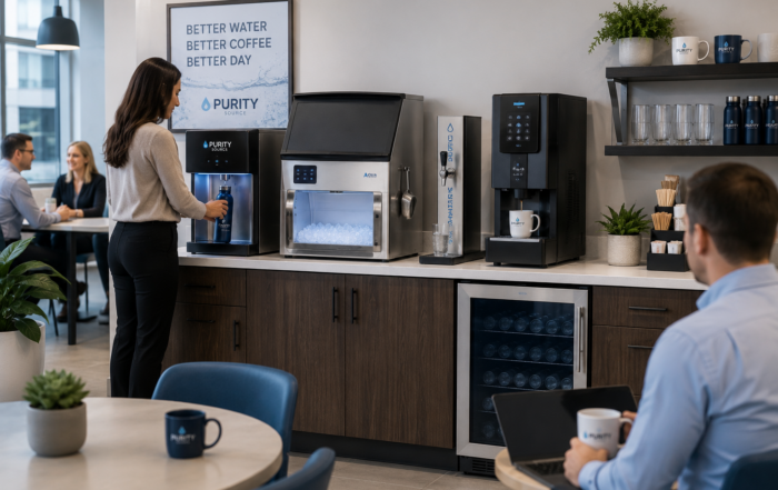 Office beverage station with purified water, ice, sparkling water, and fresh cup coffee for a modern workplace breakroom