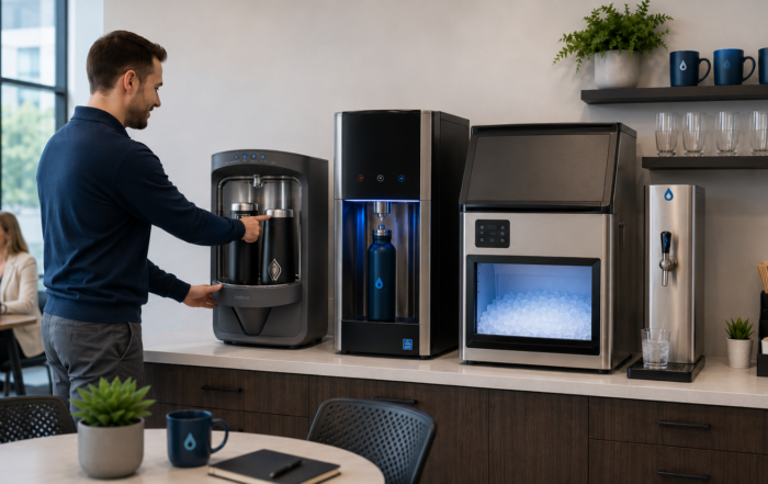 FreshCup at work compact dishwasher sanitizer for reusable mugs, cups, and cutlery in a modern office beverage station