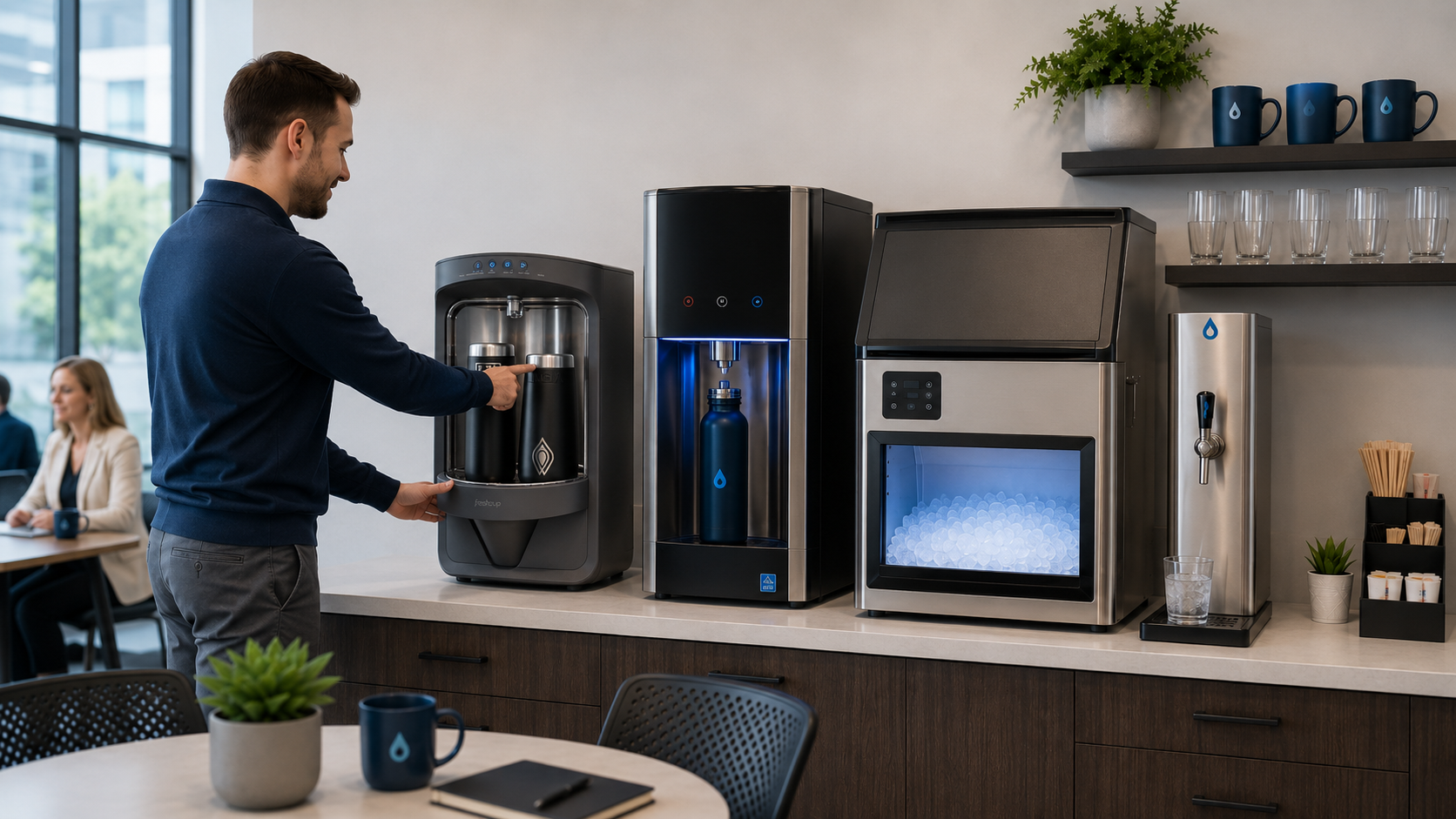 FreshCup at work compact dishwasher sanitizer for reusable mugs, cups, and cutlery in a modern office beverage station