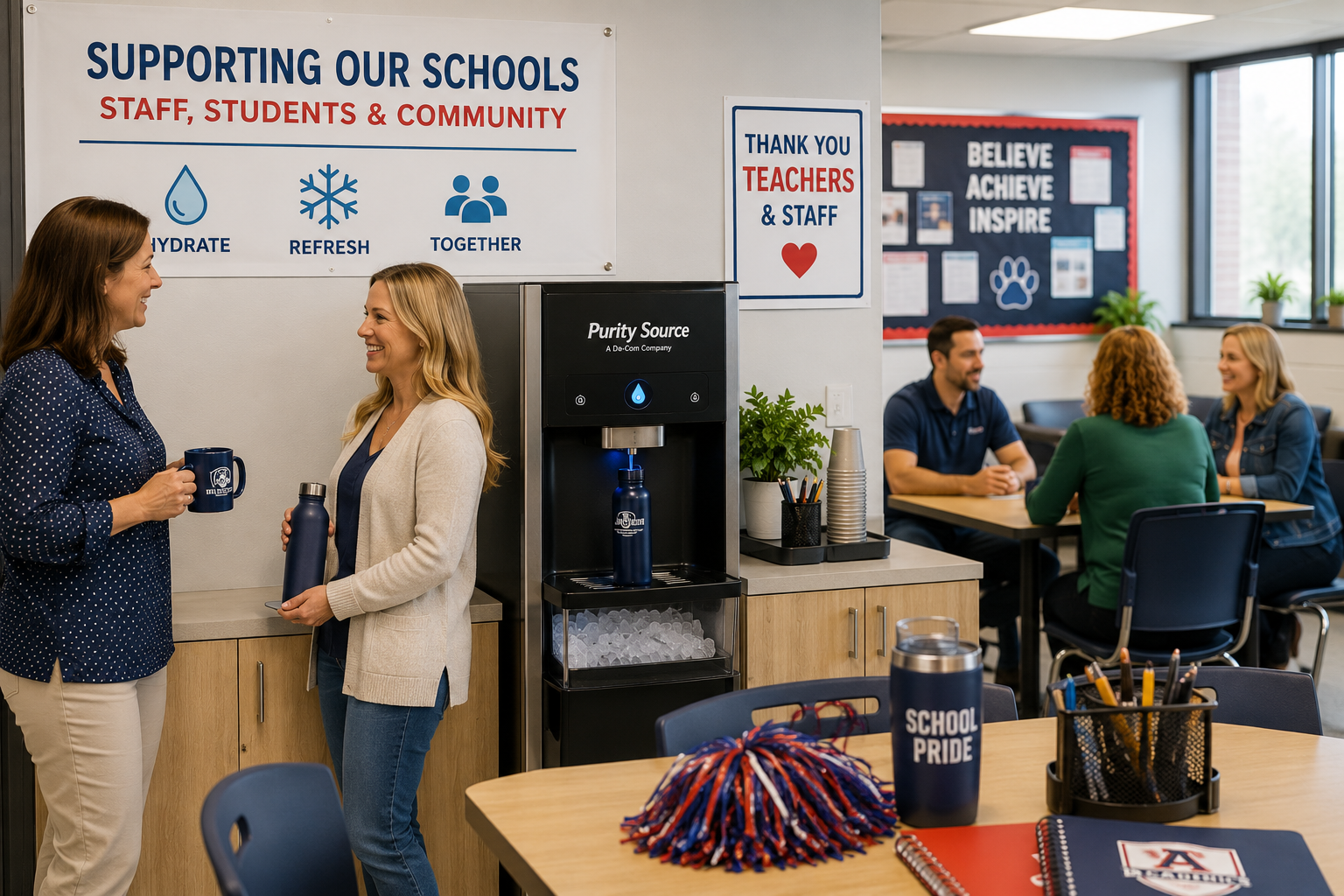Water and ice for schools with a purified water and ice station in a modern staff lounge Title: Water and Ice for Schools