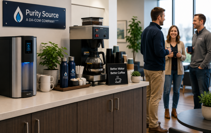 Purified water for office coffee with a modern breakroom coffee station and water dispenser
