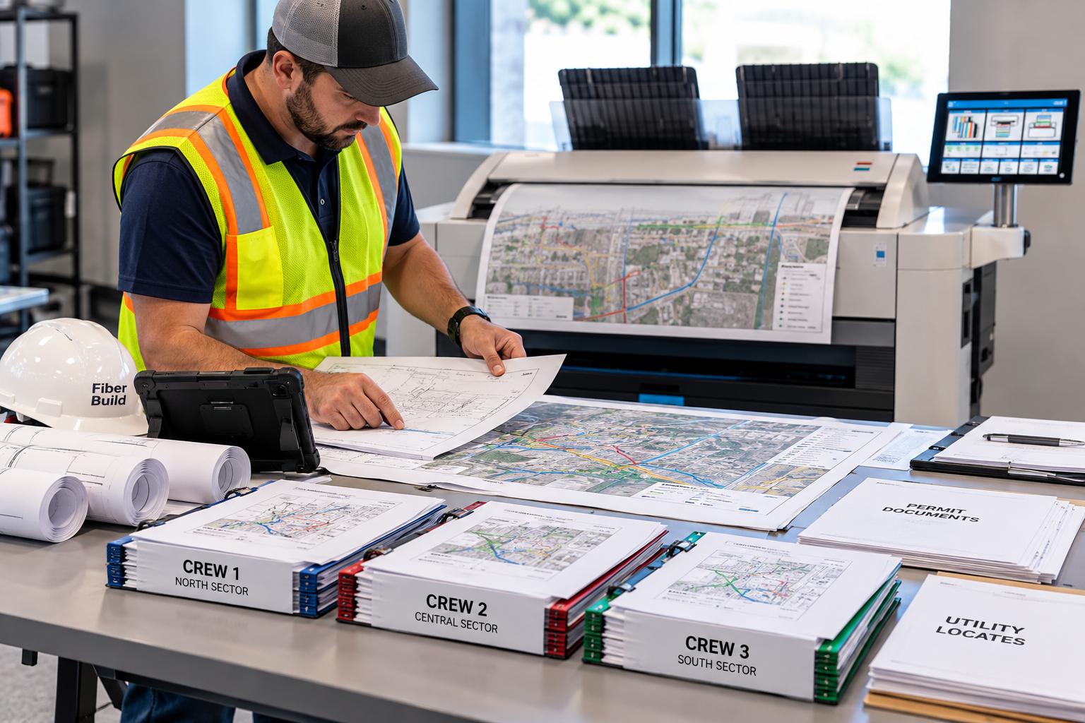 Field supervisor organizing route maps and labeled drawing packets for fiber broadband deployment printing